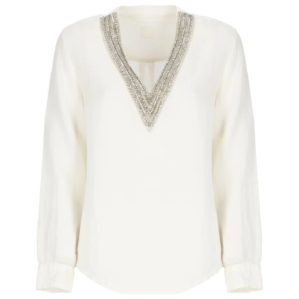 120% Lino White Beaded V-Neck Linen Top Blouse Shirt